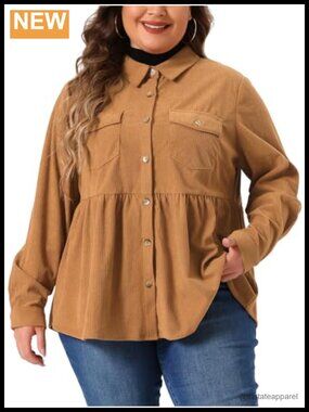 Plus Size Corduroy Peplum Blouse Long Sleeve Button Down Shirt with Pockets